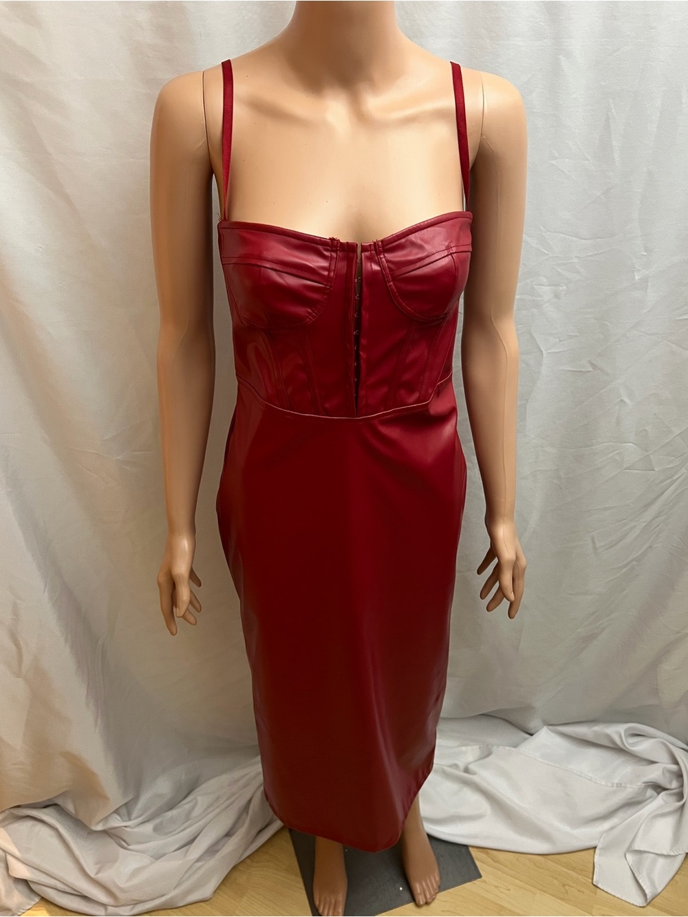 Silquee Red Faux Leather Corset Bustier Midi Dress Size Small